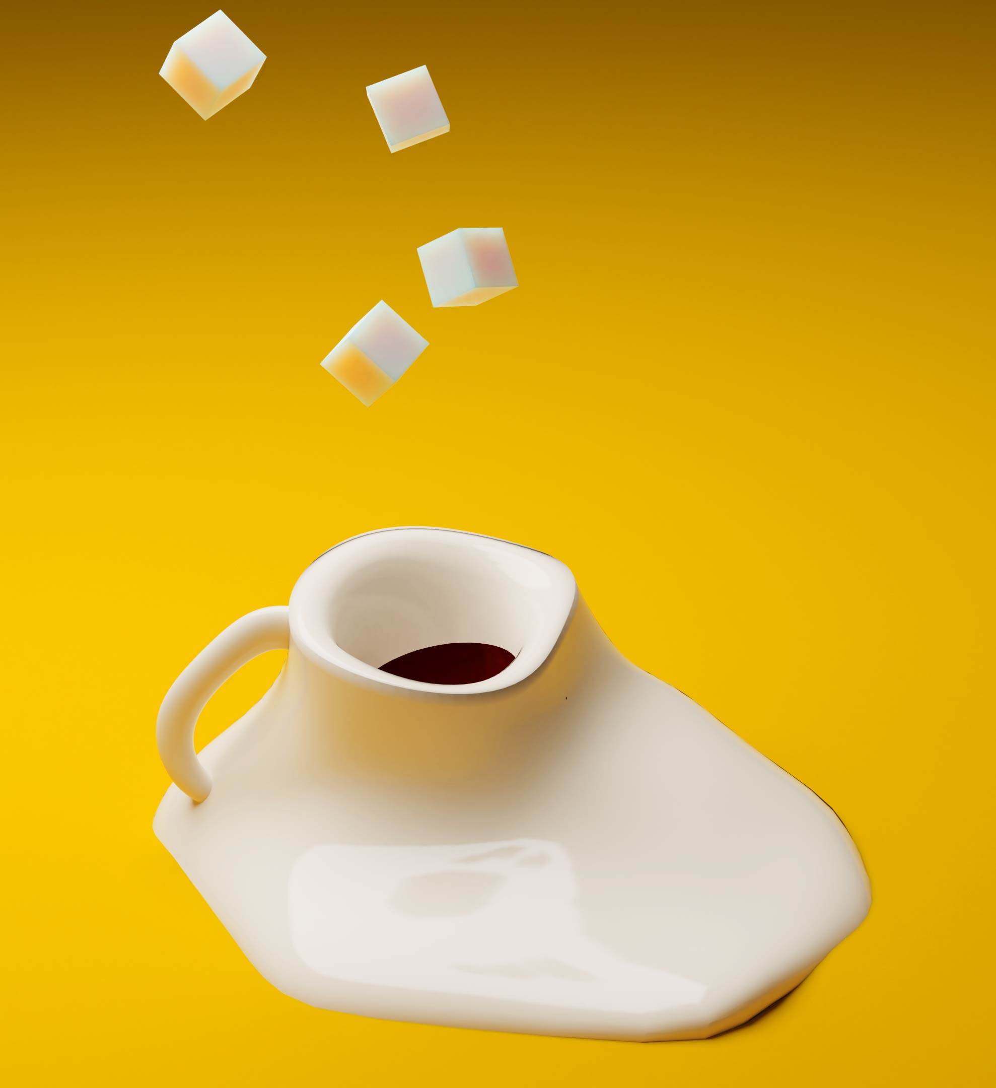 a melting coffee cup with sugar cubes being thrown towards it