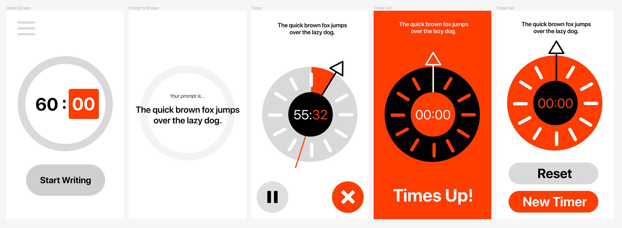 a set of low fidelity wireframes for a timer app