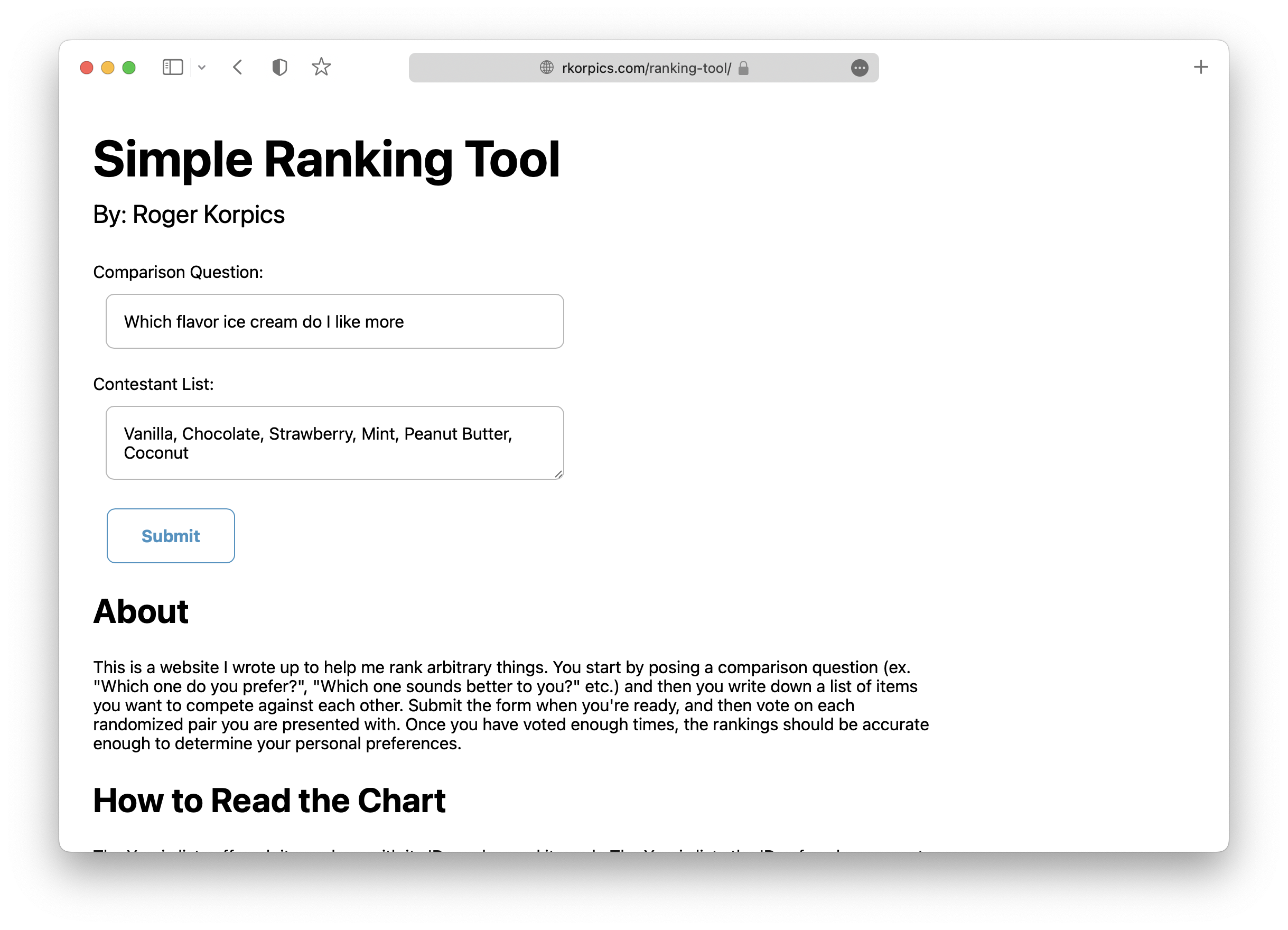 Home screen of the original prototype for the ranking tool, showing how users input thier list of items