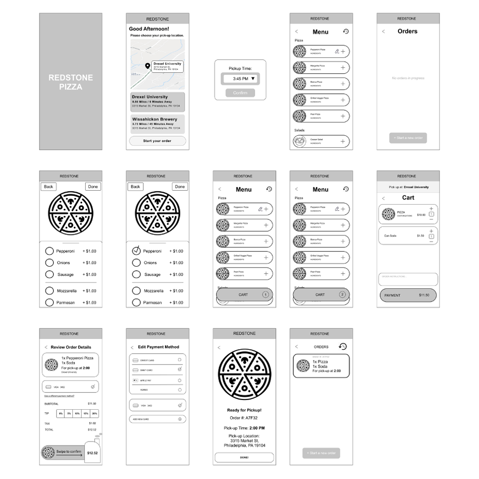 low-fidelity wireframes for a pizza ordering app