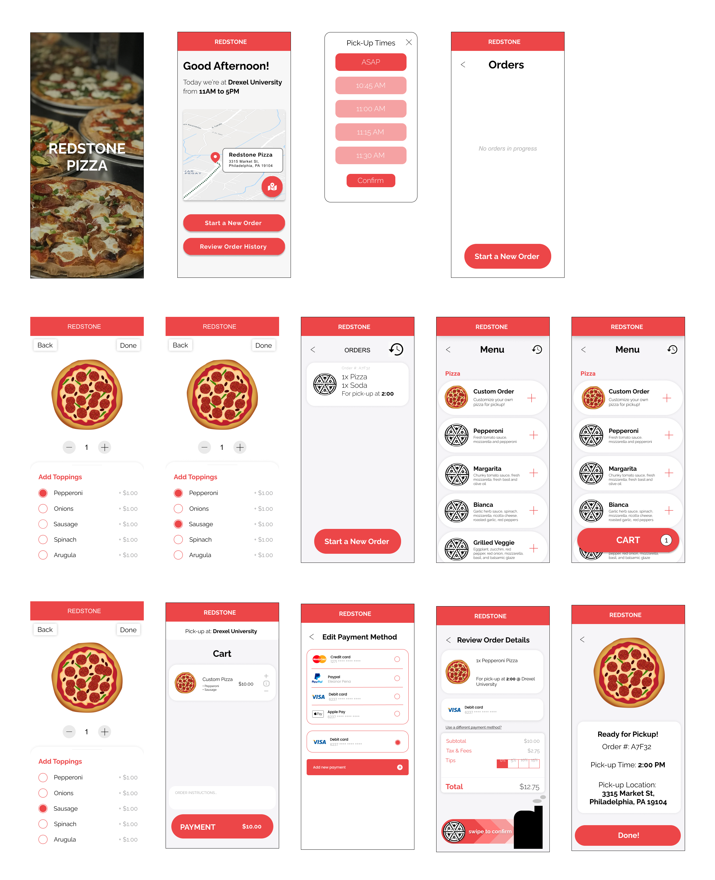 mid-fidelity wireframes for a pizza ordering app