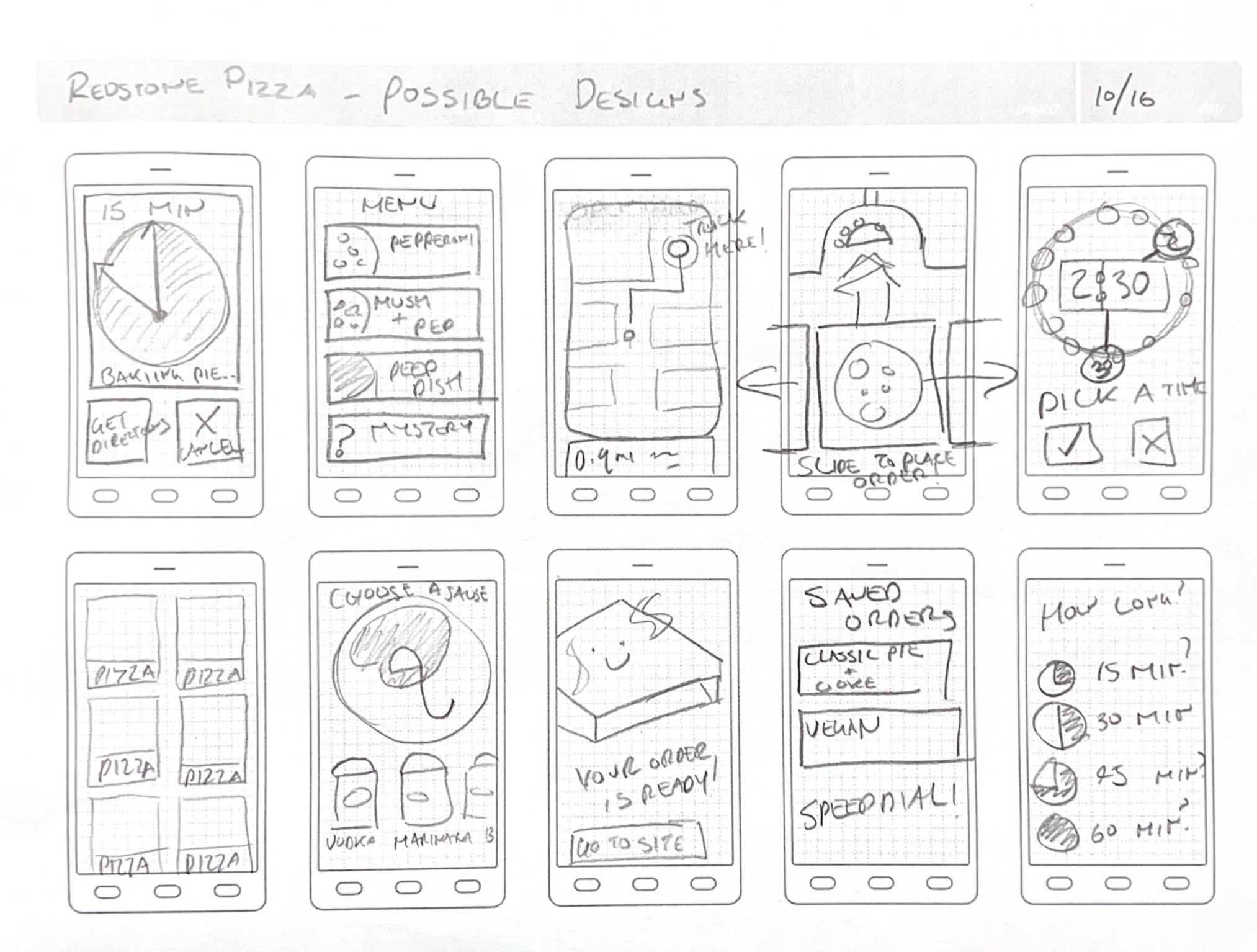 more handdrawn wireframes for potential screens in a food truck ordering app