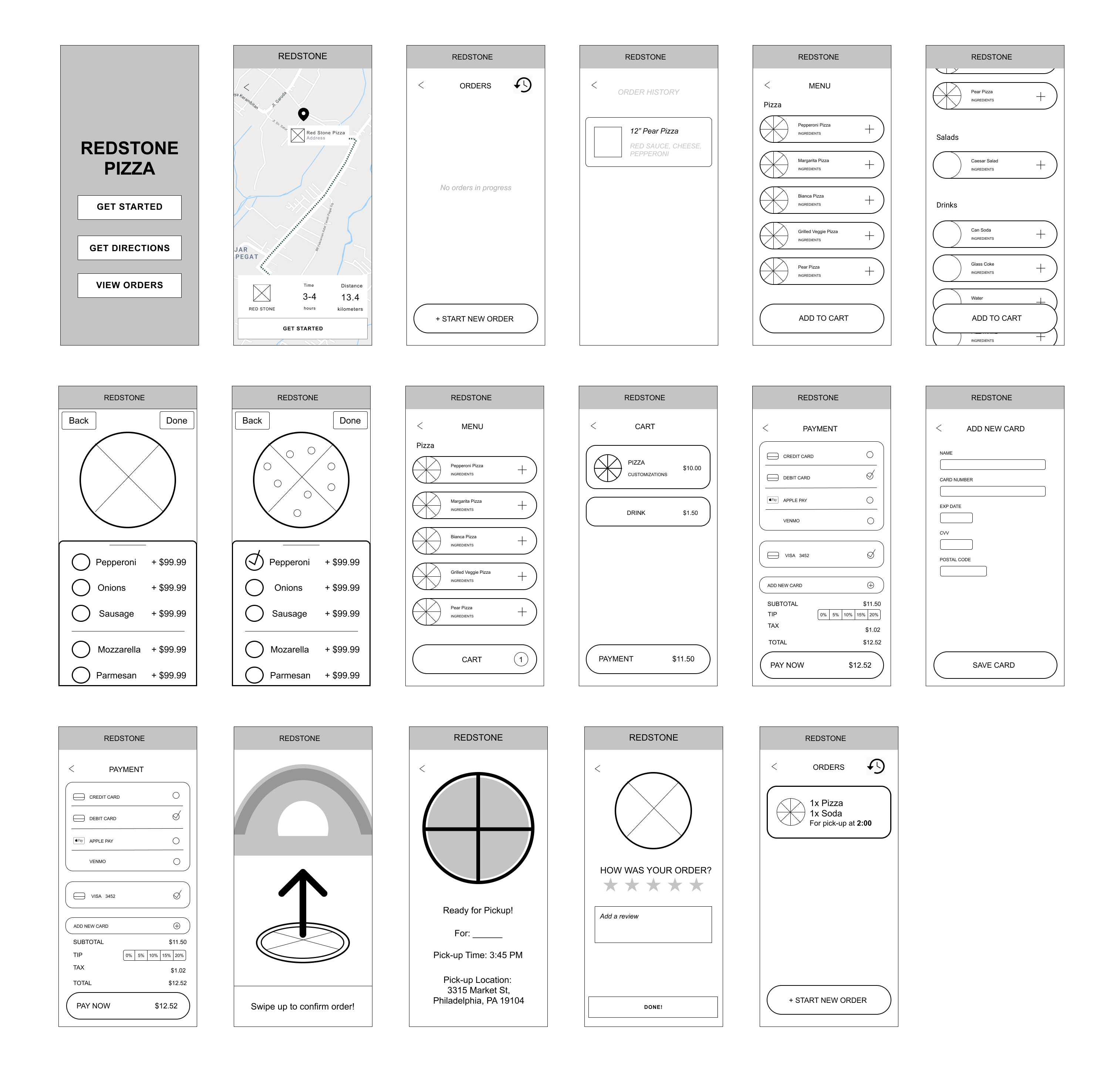 paper prototype for a pizza ordering app