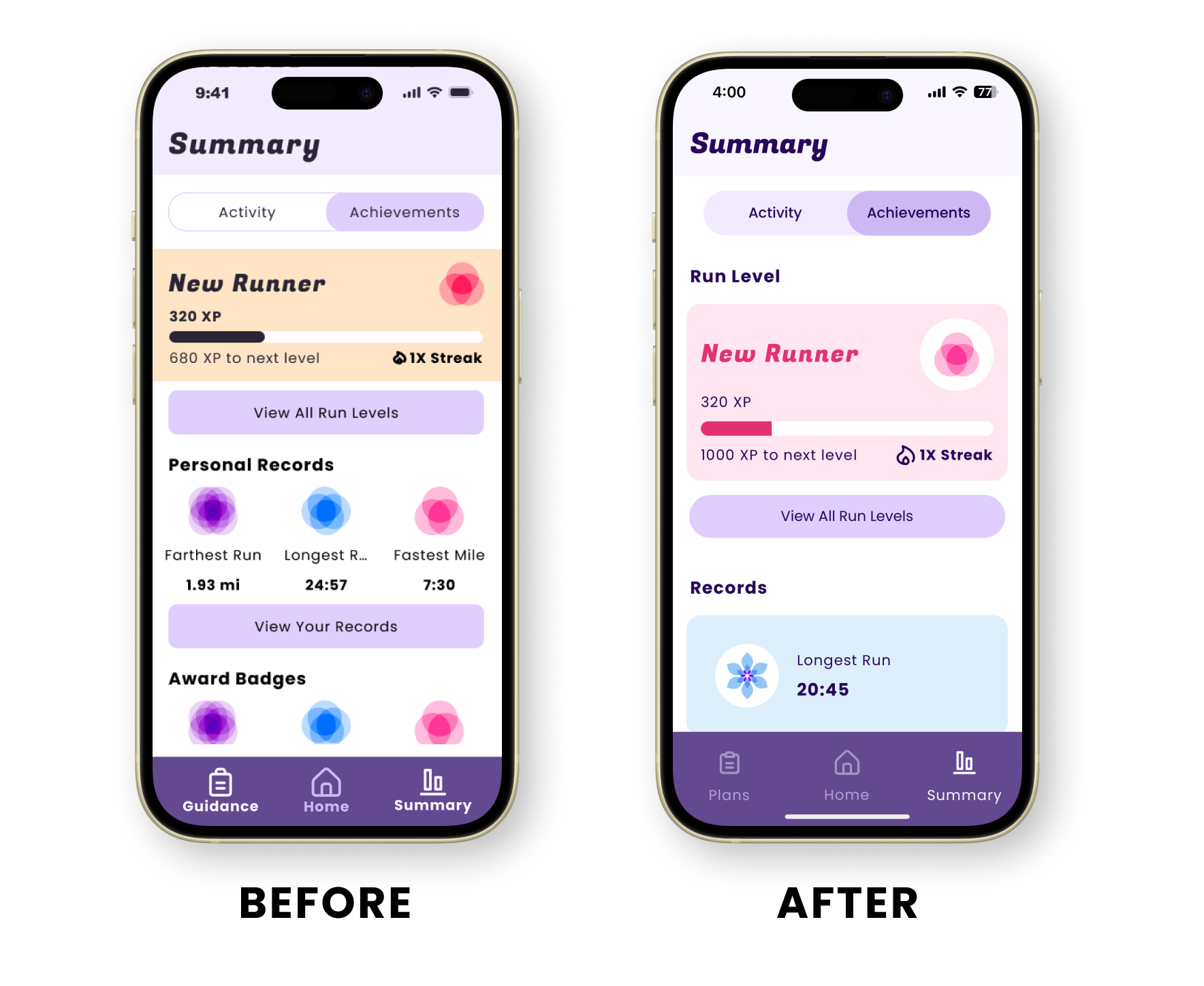 before and after final design for activity screen